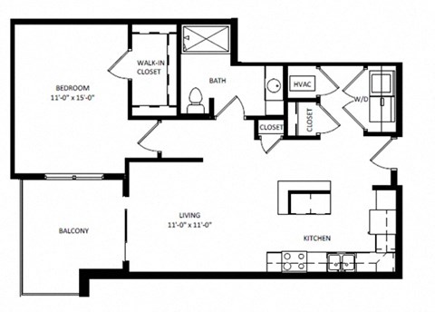 Floor plan for 1 bed, 1 bath, 841 sqft